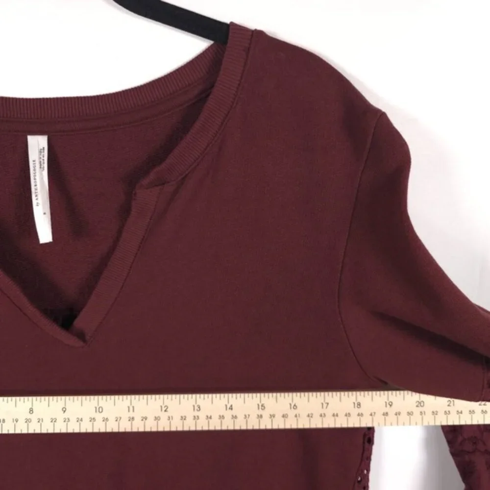 Anthropologie Plum Eyelet Yoke VNeck Pullover Sweatshirt Ballon Sleeve Top SMALL